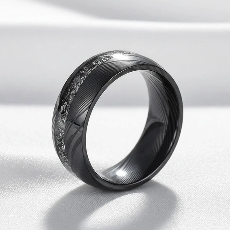 Fedi nuziali da uomo in acciaio damasco nero da 8 mm con inserto in meteorite - Fornitore all'ingrosso