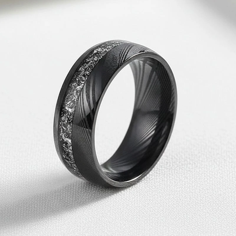 Fedi nuziali da uomo in acciaio damasco nero da 8 mm con inserto in meteorite - Fornitore all'ingrosso