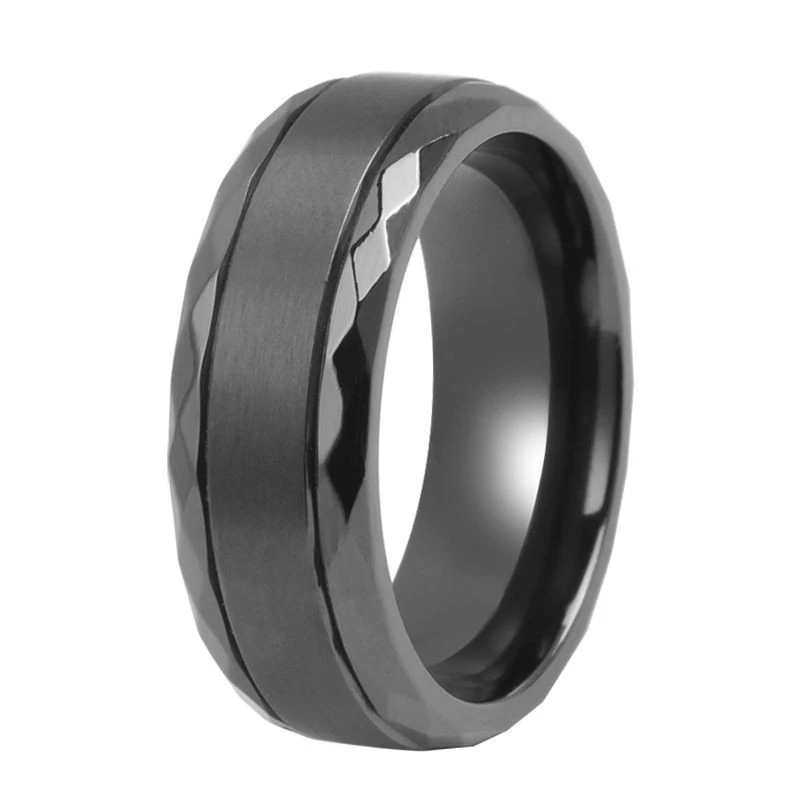 Alliance professionnelle pour hommes en zirconium noir de 8 mm avec bords à facettes brossés - Fournisseur direct d'usine