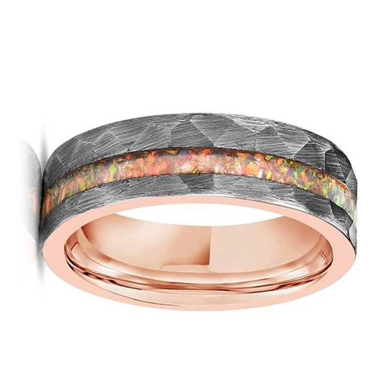 Bagues de couple en carbure de tungstène martelé de 6 mm avec placage en or rose et incrustation d'opale écrasée