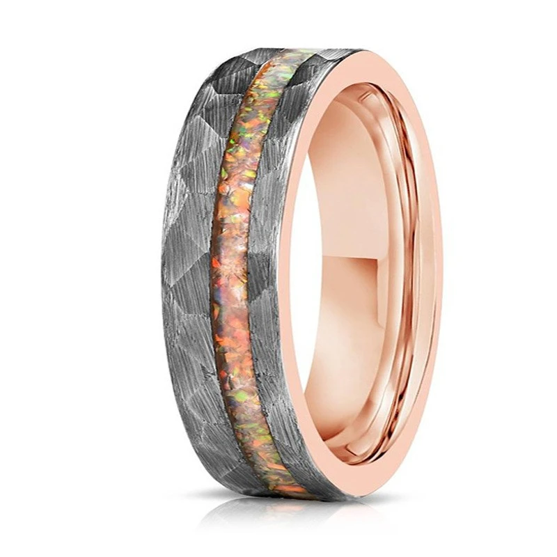 Bagues de couple en carbure de tungstène martelé de 6 mm avec placage en or rose et incrustation d'opale écrasée