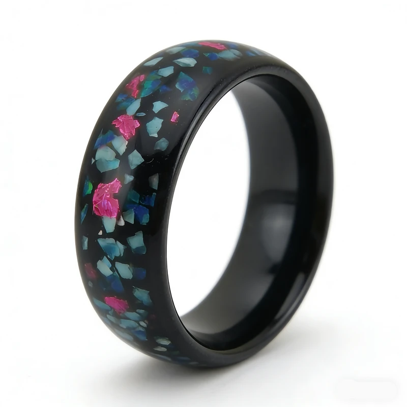 8 mm gewölbter, hochglanzpolierter schwarzer Wolframcarbid-Ring mit mehrfarbiger Crushed-Opal-Einlage