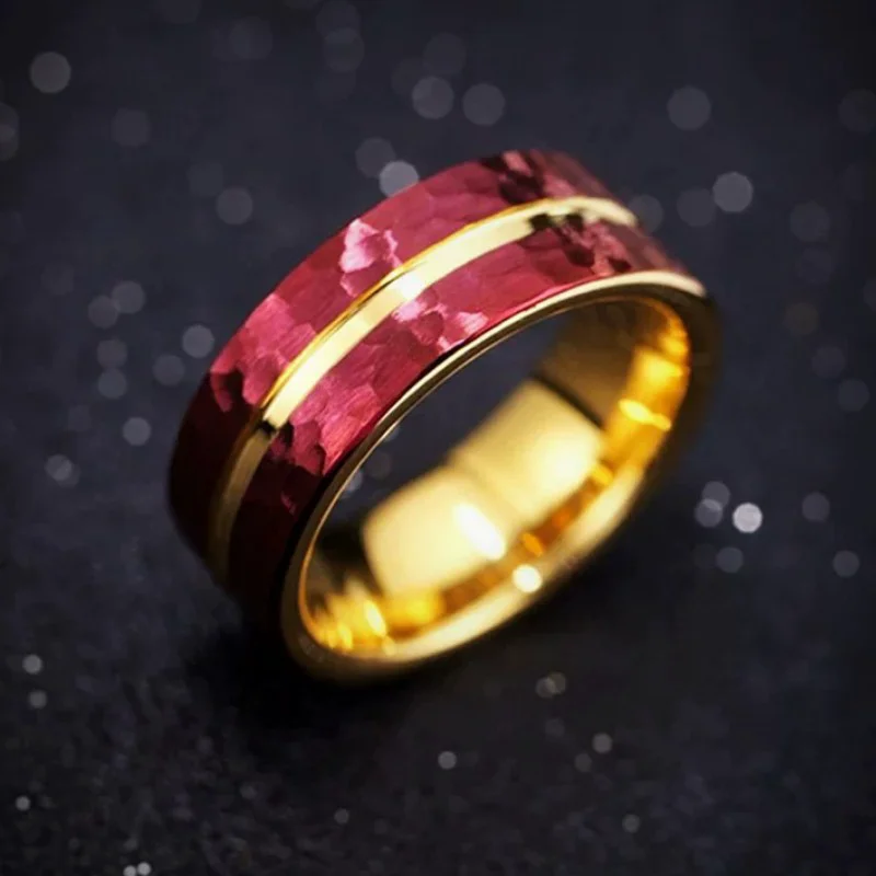 8mm Two-Toned Hammered Tungsten Carbide Wedding Band | Red & Gold Finish
