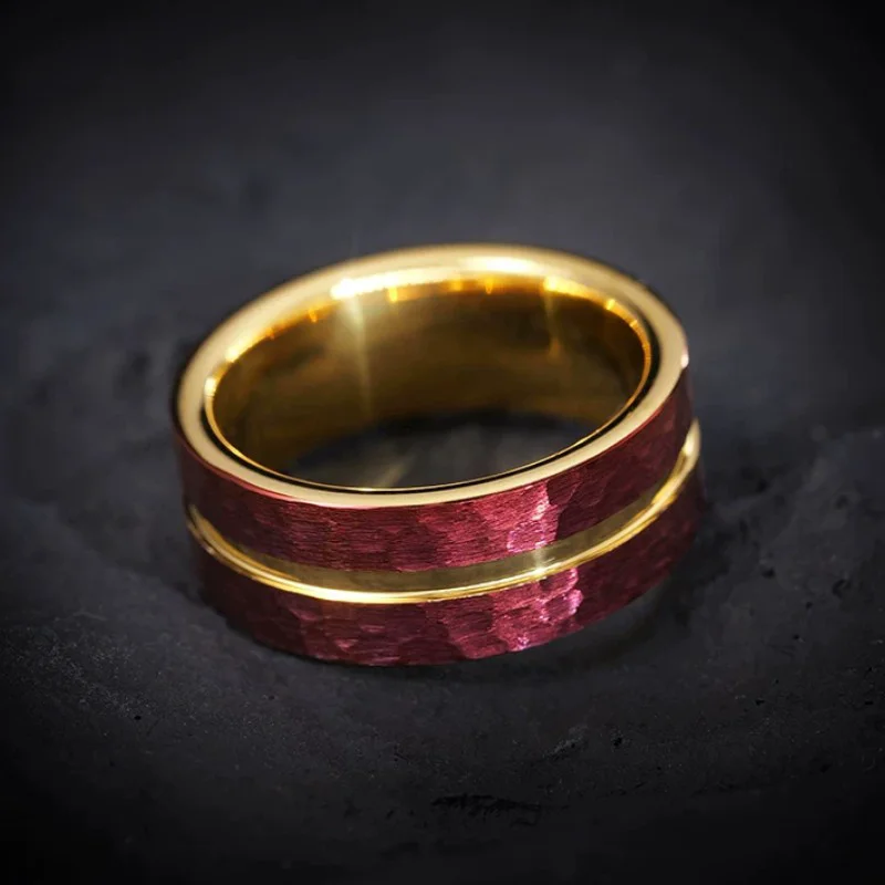 8mm Two-Toned Hammered Tungsten Carbide Wedding Band | Red & Gold Finish