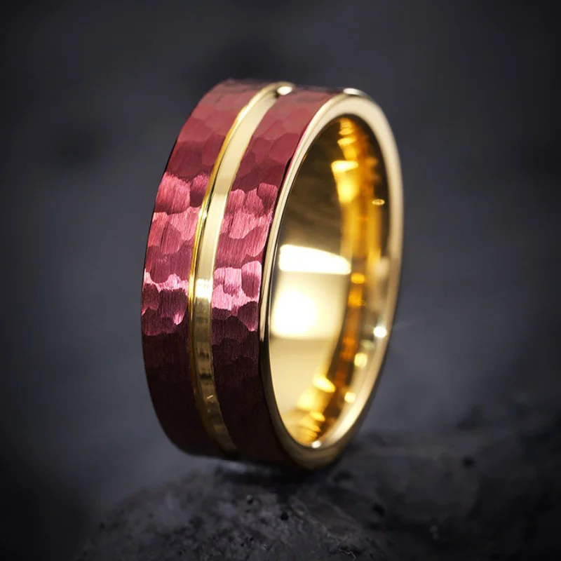 8mm Two-Toned Hammered Tungsten Carbide Wedding Band | Red & Gold Finish