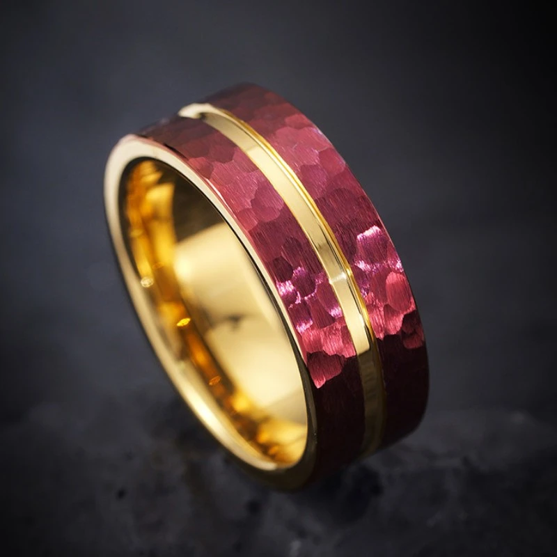 8mm Two-Toned Hammered Tungsten Carbide Wedding Band | Red & Gold Finish