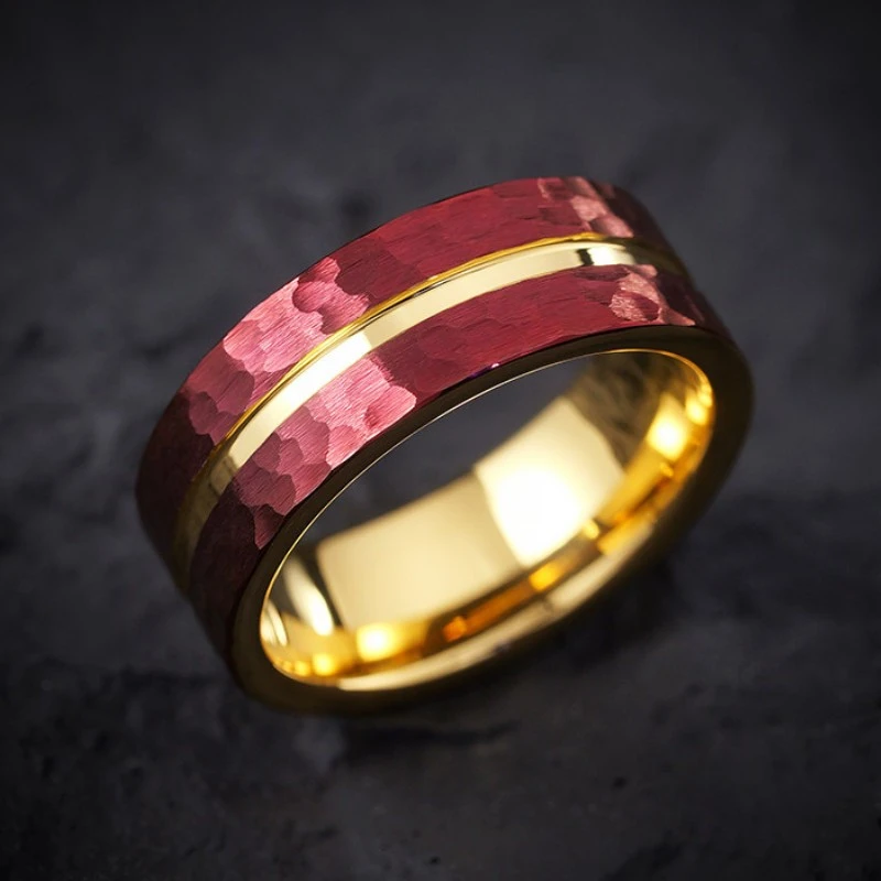 8mm Two-Toned Hammered Tungsten Carbide Wedding Band | Red & Gold Finish