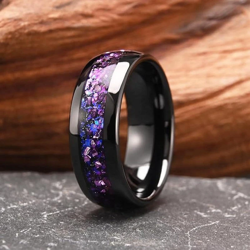 8mm Domed Black Tungsten Carbide Men's Wedding Band with Purple Crystal & Blue Brocade Inlay