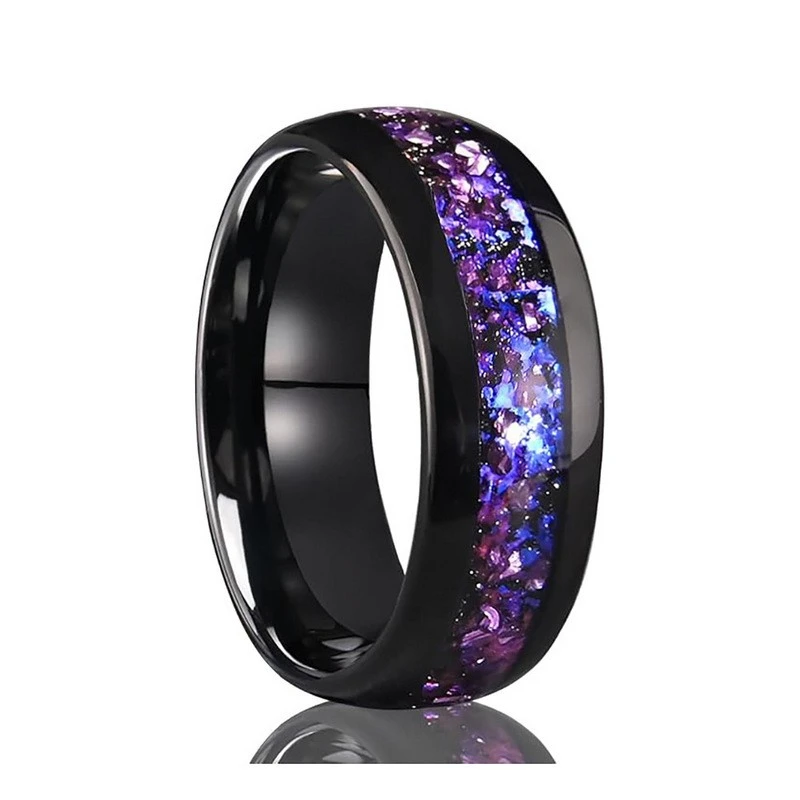 8mm Domed Black Tungsten Carbide Men's Wedding Band with Purple Crystal & Blue Brocade Inlay