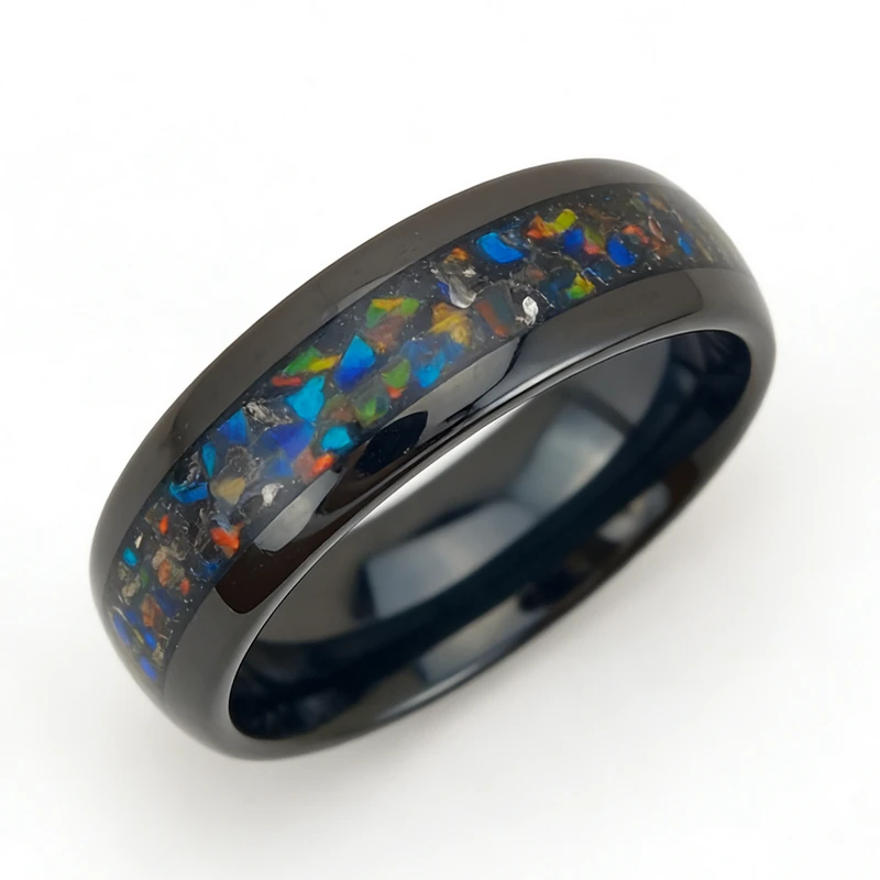 Bague en carbure de tungstène noir poli de 8 mm de qualité supérieure avec incrustation d'opale écrasée multicolore