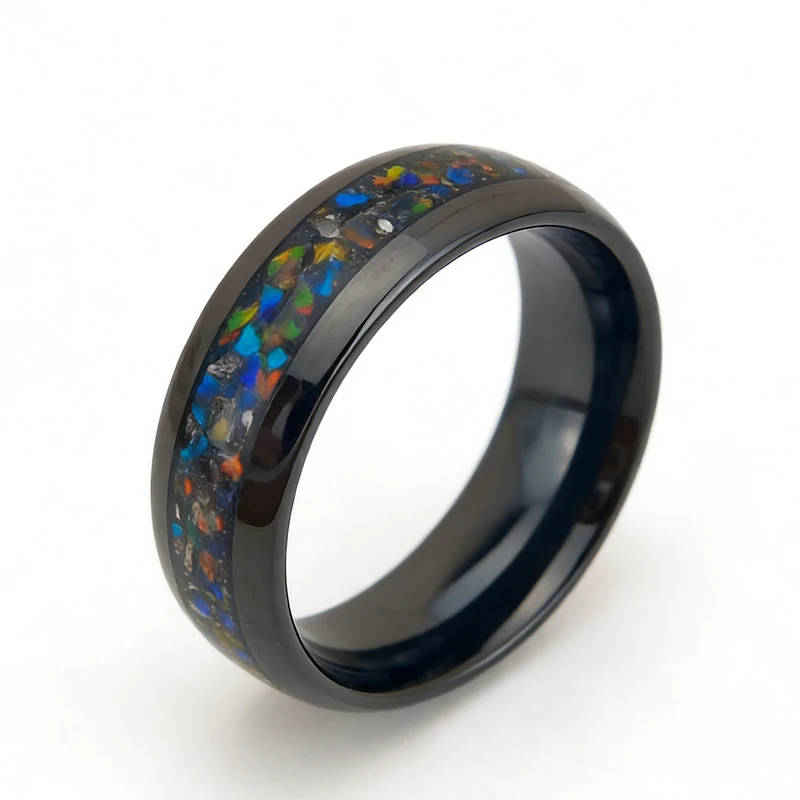 Bague en carbure de tungstène noir poli de 8 mm de qualité supérieure avec incrustation d'opale écrasée multicolore