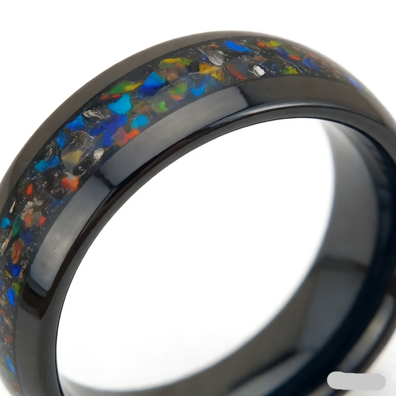 Bague en carbure de tungstène noir poli de 8 mm de qualité supérieure avec incrustation d'opale écrasée multicolore