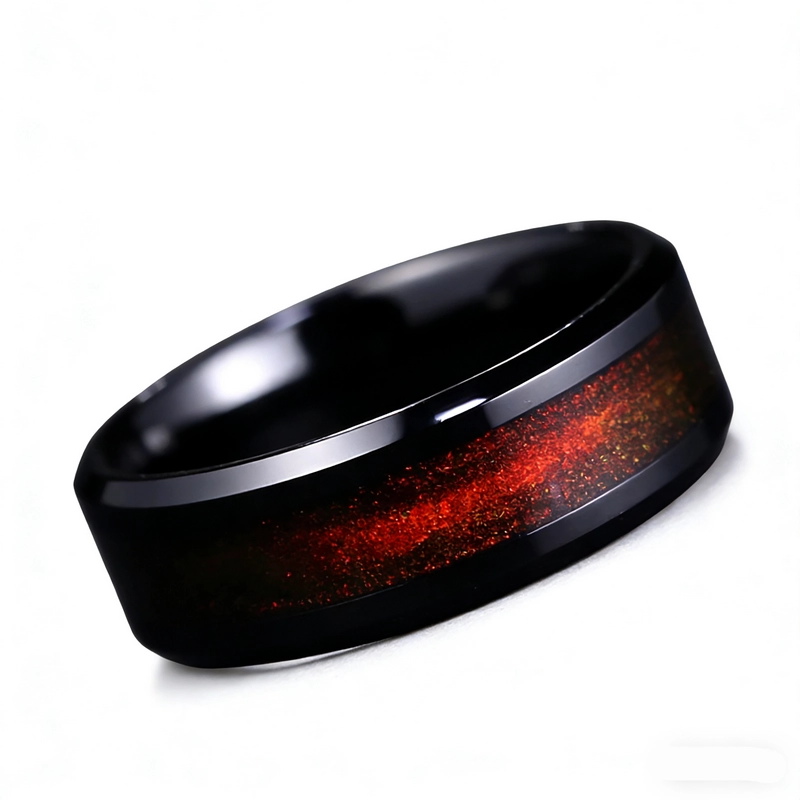 Alliance en tungstène noir de 8 mm avec incrustation de pierres dégradées dorées et rouges – conception à bords biseautés
