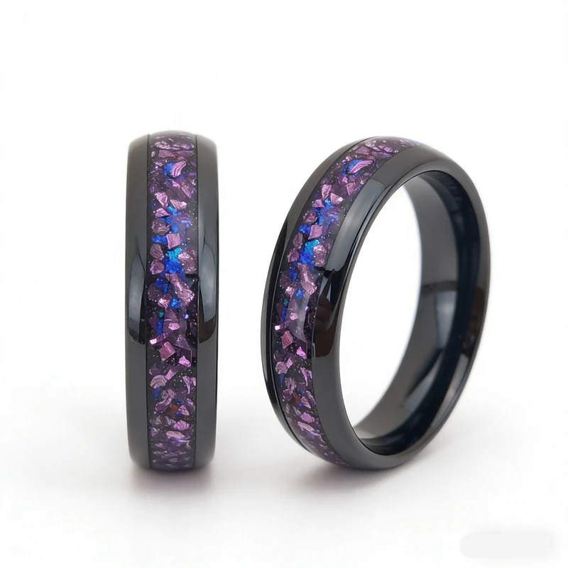 Anneau en carbure de tungstène noir hautement poli de 8 mm avec incrustation d'opale et de verre violet | Fabricant en vrac
