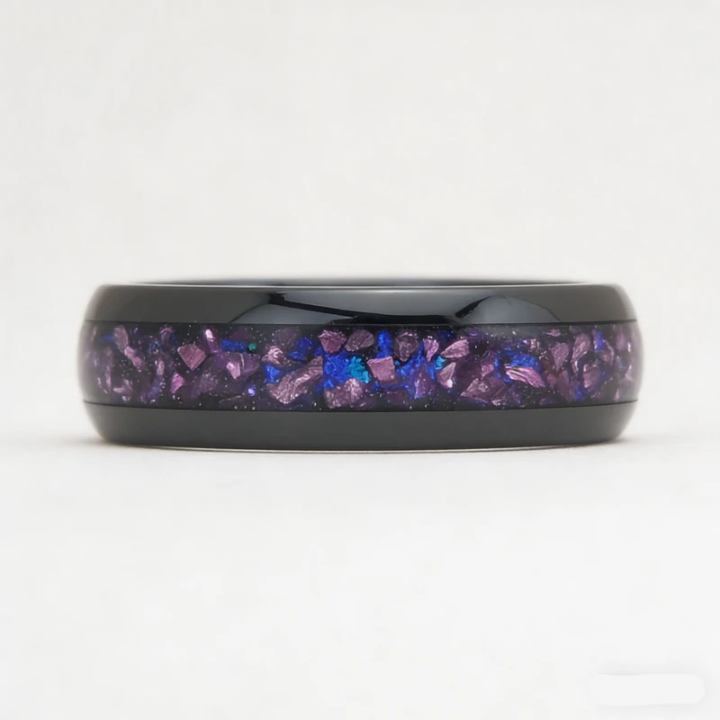 Anneau en carbure de tungstène noir hautement poli de 8 mm avec incrustation d'opale et de verre violet | Fabricant en vrac