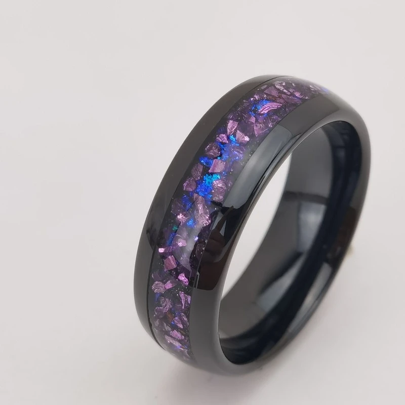 Anneau en carbure de tungstène noir hautement poli de 8 mm avec incrustation d'opale et de verre violet | Fabricant en vrac
