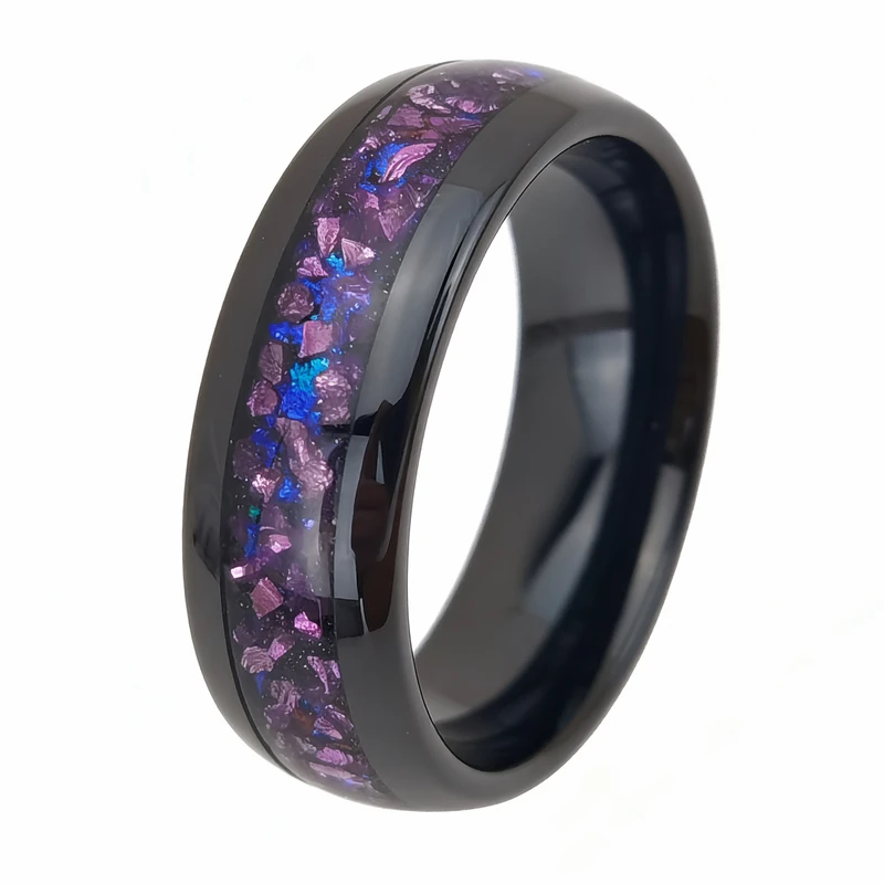 Anneau en carbure de tungstène noir hautement poli de 8 mm avec incrustation d'opale et de verre violet | Fabricant en vrac
