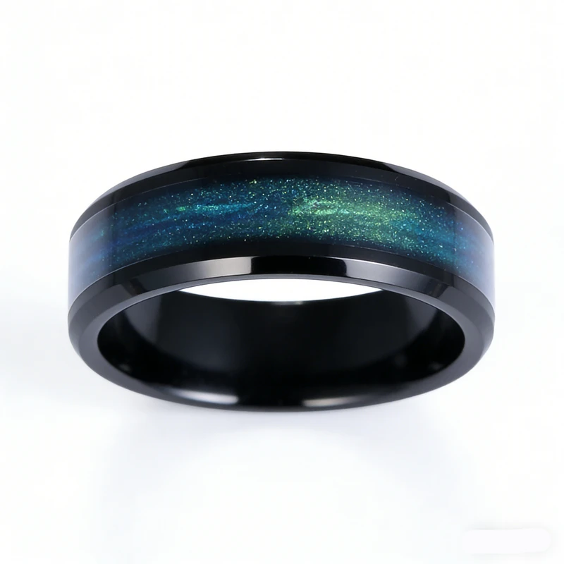 Alliance en tungstène noir exquise de 8 mm avec incrustation de pierre dégradée bleu-vert pour commande en gros
