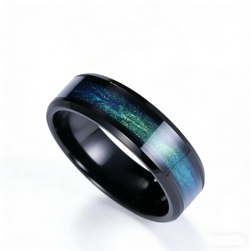 Alliance en tungstène noir exquise de 8 mm avec incrustation de pierre dégradée bleu-vert pour commande en gros