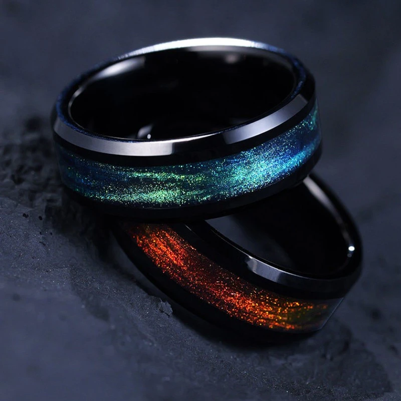 Alliance en tungstène noir exquise de 8 mm avec incrustation de pierre dégradée bleu-vert pour commande en gros