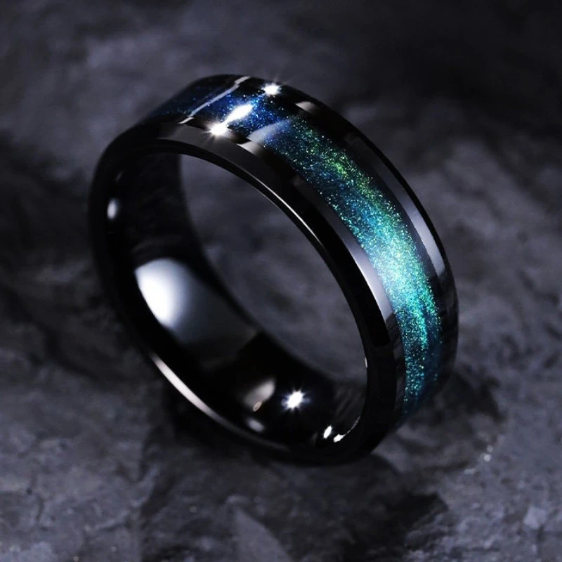 Alliance en tungstène noir exquise de 8 mm avec incrustation de pierre dégradée bleu-vert pour commande en gros