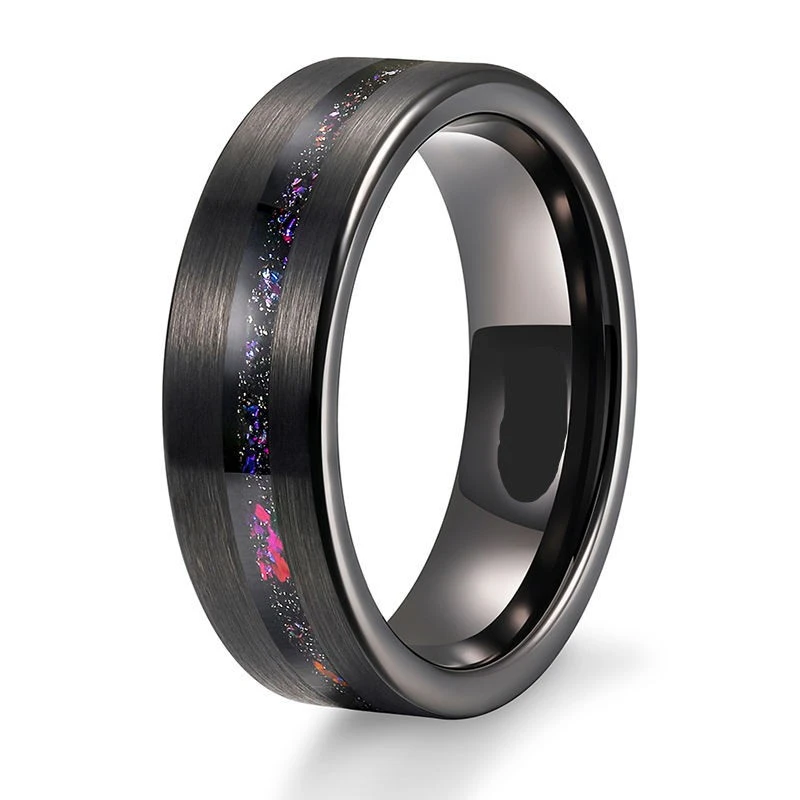 8mm Black Plated Brushed Tungsten Carbide Wedding Band with Blue Opal and Meteorite Inlay