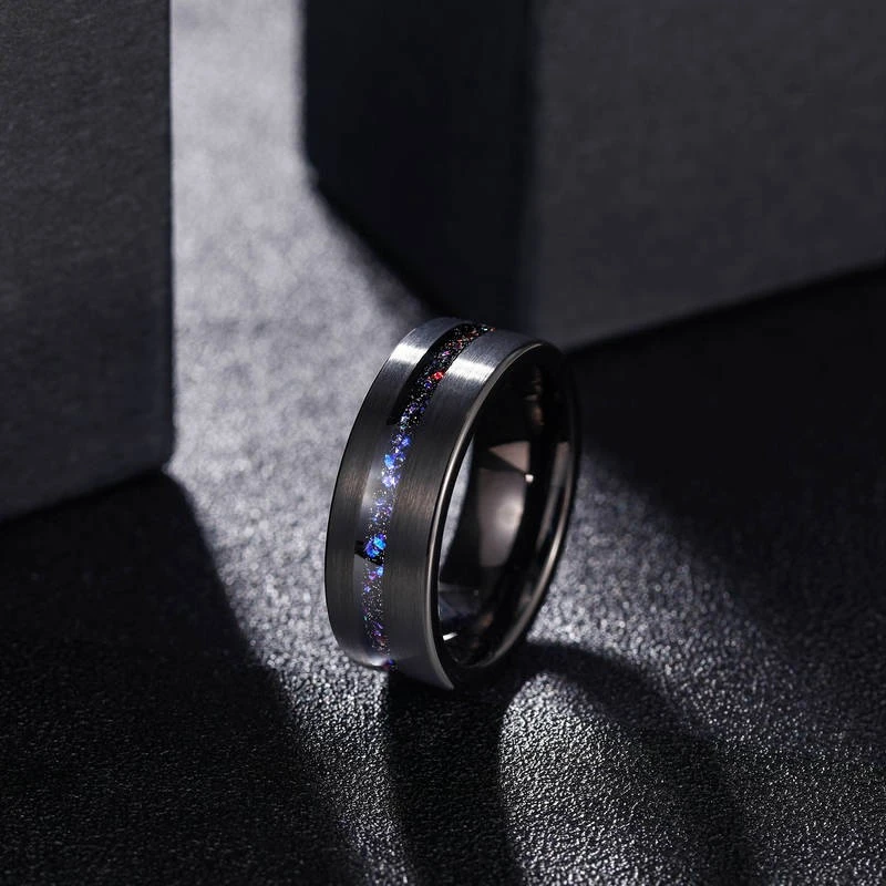 8mm Black Plated Brushed Tungsten Carbide Wedding Band with Blue Opal and Meteorite Inlay