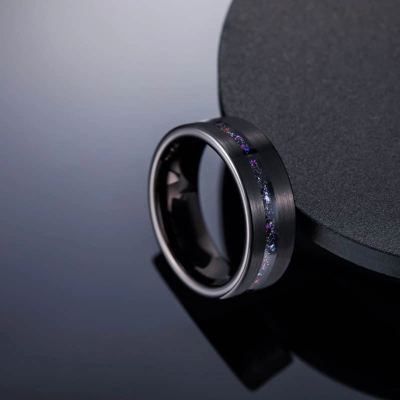 8mm Black Plated Brushed Tungsten Carbide Wedding Band with Blue Opal and Meteorite Inlay