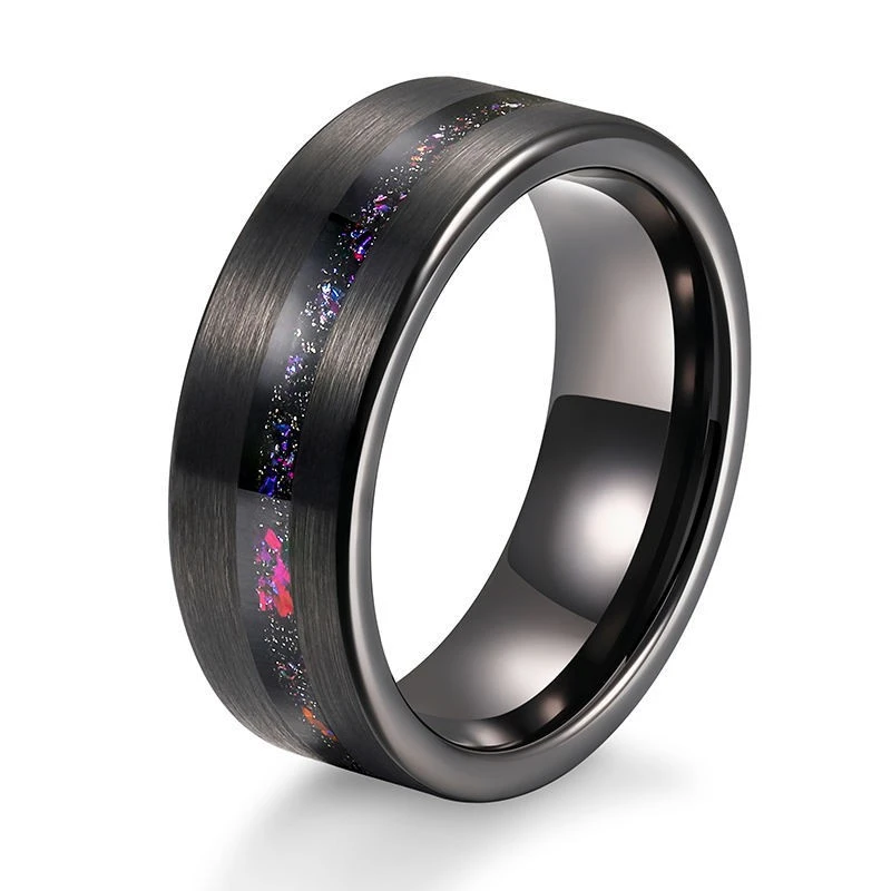 8mm Black Plated Brushed Tungsten Carbide Wedding Band with Blue Opal and Meteorite Inlay