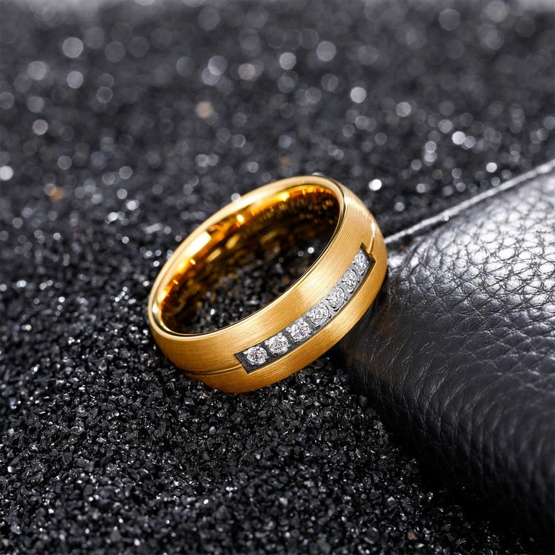 Bulk 8mm CZ Inlaid Gold-Plated Tungsten Carbide Rings for Wedding & Anniversary, Custom Wholesale