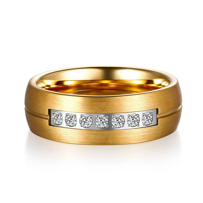 Bulk 8mm CZ Inlaid Gold-Plated Tungsten Carbide Rings for Wedding & Anniversary, Custom Wholesale