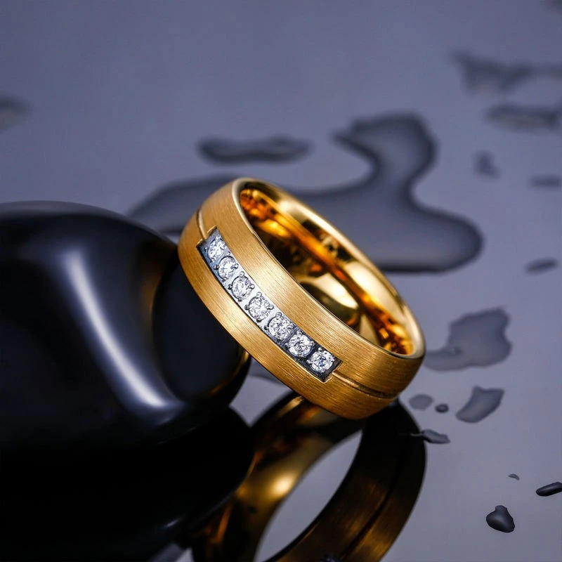Bulk 8mm CZ Inlaid Gold-Plated Tungsten Carbide Rings for Wedding & Anniversary, Custom Wholesale