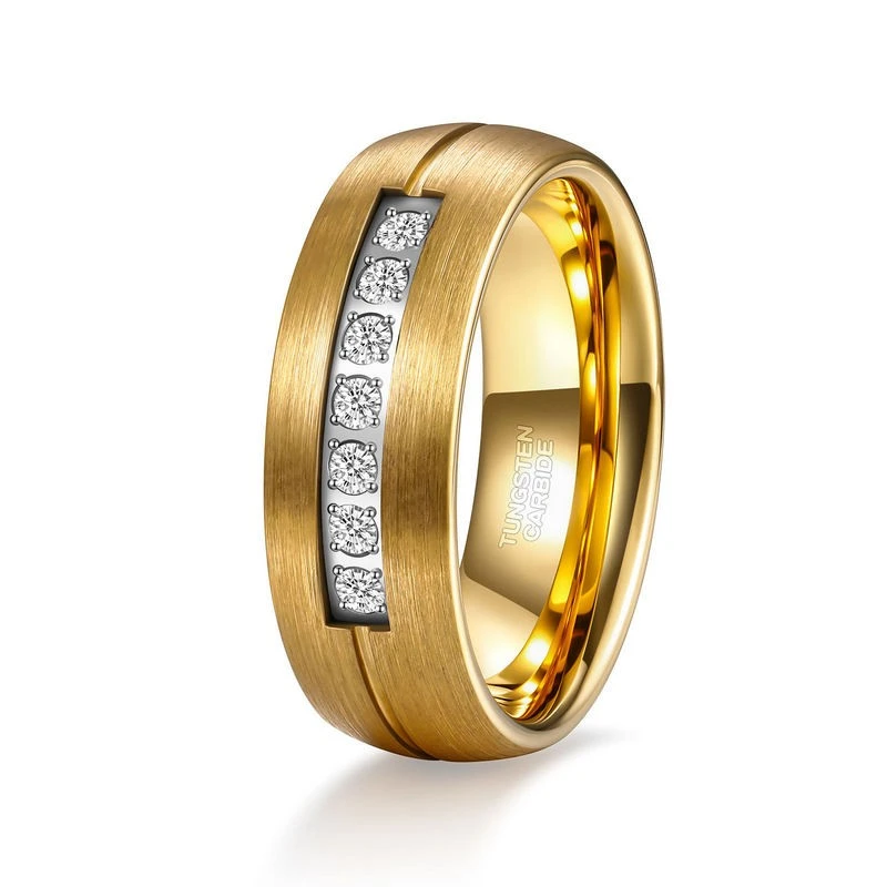 Bulk 8mm CZ Inlaid Gold-Plated Tungsten Carbide Rings for Wedding & Anniversary, Custom Wholesale