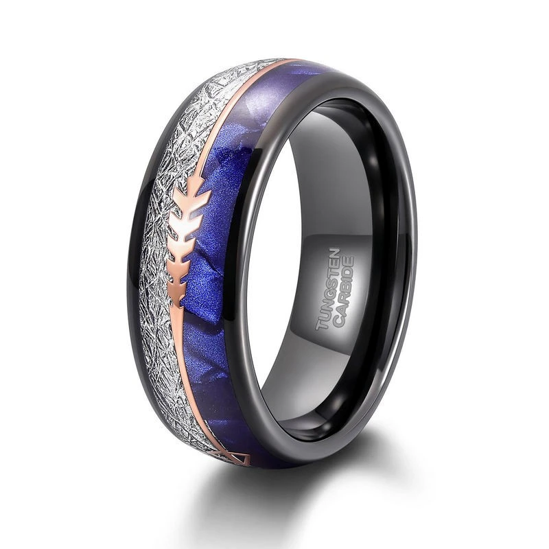 Alliances en vrac de 8 mm en carbure de tungstène doré et noir pour hommes, incrustations avec imitation météorite et lapis-lazuli - motif flèche double couleur