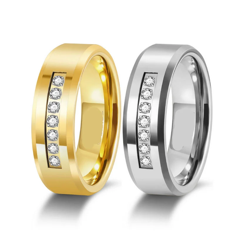 8mm Gold Plated Waterproof Tungsten Rings with High Polished Zircon Inlay - Bulk Orders for Men's Wedding & Engagement