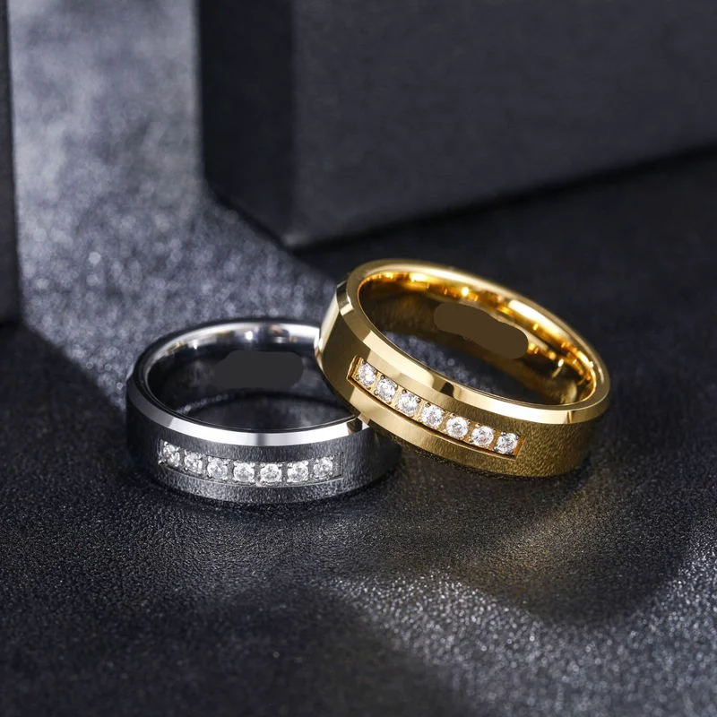8mm Gold Plated Waterproof Tungsten Rings with High Polished Zircon Inlay - Bulk Orders for Men's Wedding & Engagement