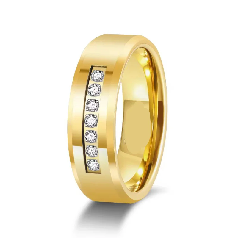 8mm Gold Plated Waterproof Tungsten Rings with High Polished Zircon Inlay - Bulk Orders for Men's Wedding & Engagement