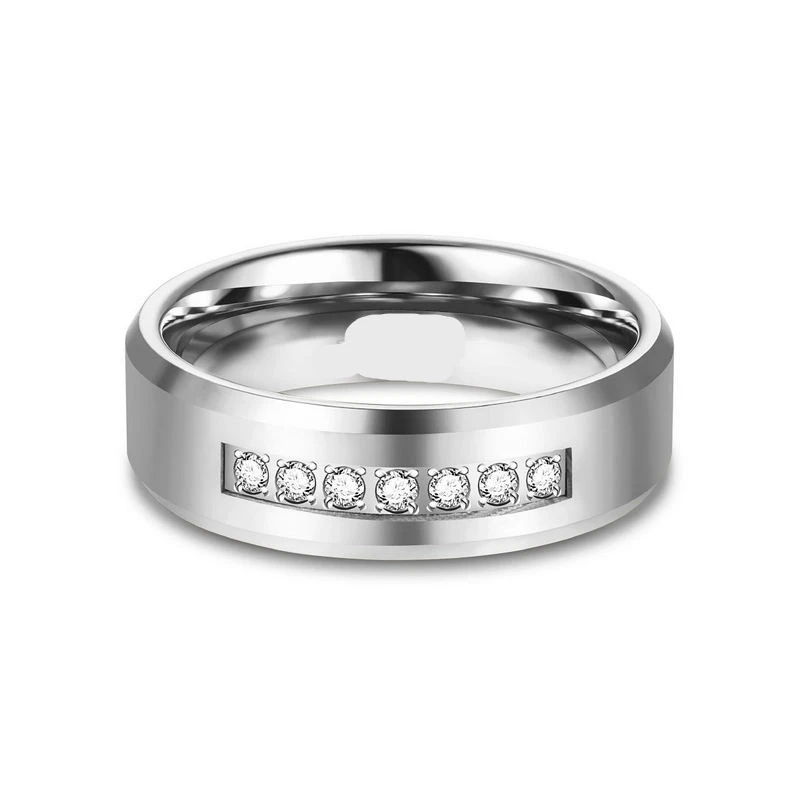 8mm Waterproof High-Polish Tungsten Wedding Bands with Silver & Zircon Inlay – Bulk Supplier