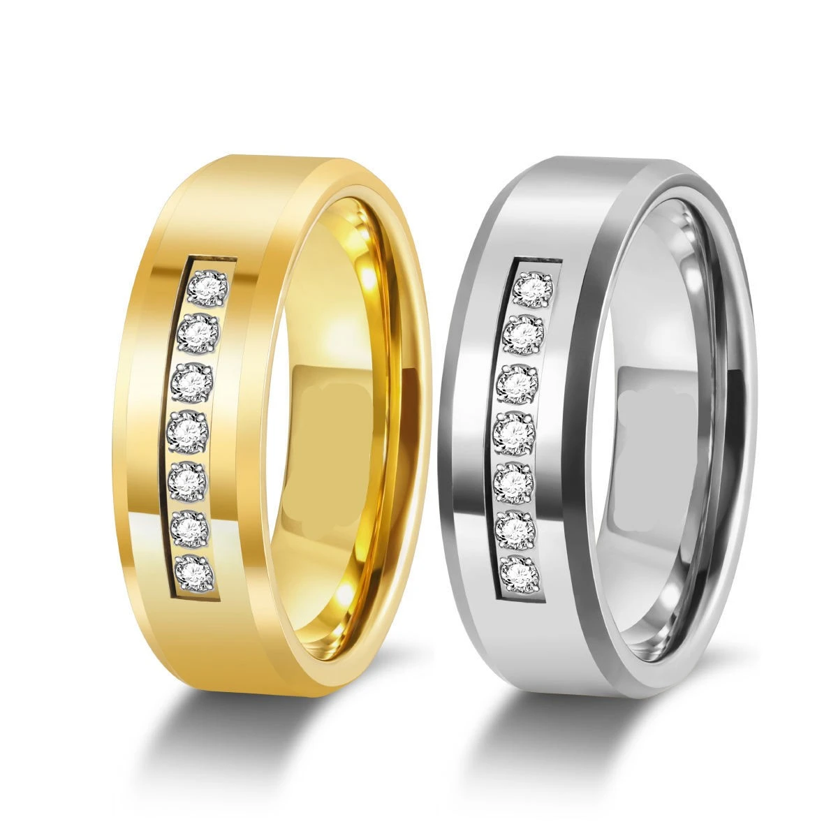 8mm Waterproof High-Polish Tungsten Wedding Bands with Silver & Zircon Inlay – Bulk Supplier