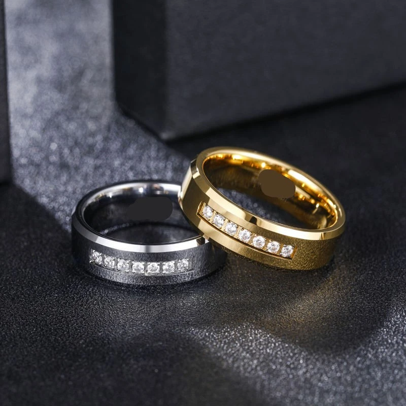 8mm Waterproof High-Polish Tungsten Wedding Bands with Silver & Zircon Inlay – Bulk Supplier