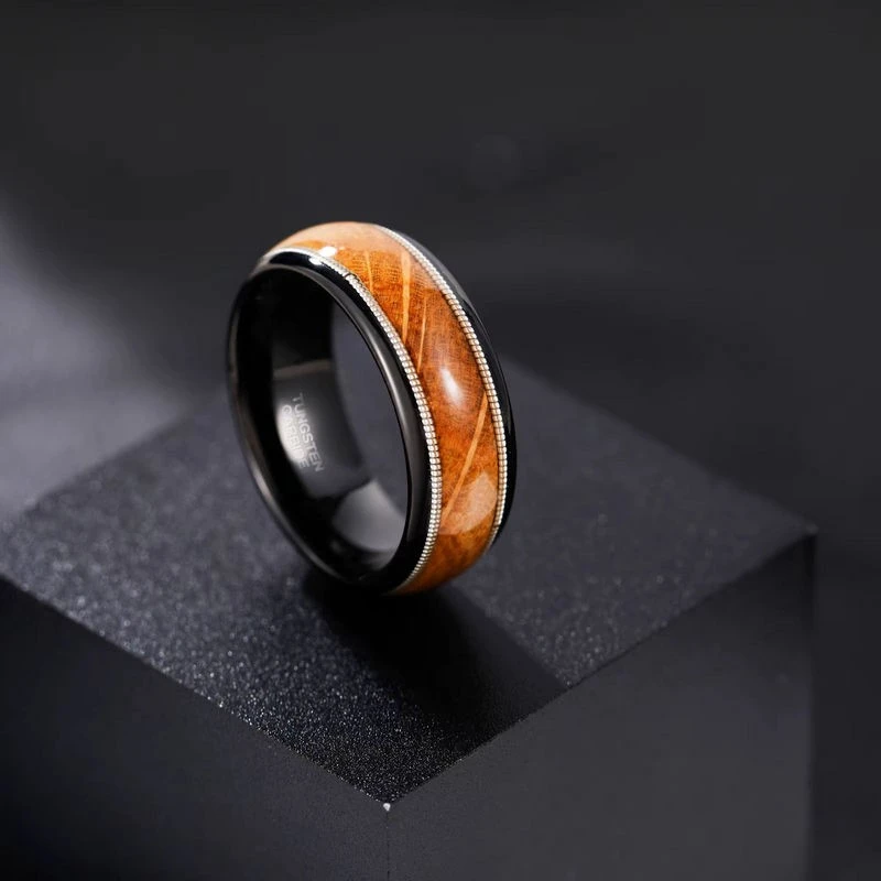 Noyau de corde de guitare double argent de 8mm et carbure de tungstène plaqué noir, alliances de mariage pour hommes, vente en gros