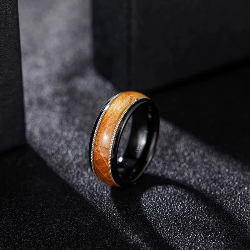 Noyau de corde de guitare double argent de 8mm et carbure de tungstène plaqué noir, alliances de mariage pour hommes, vente en gros