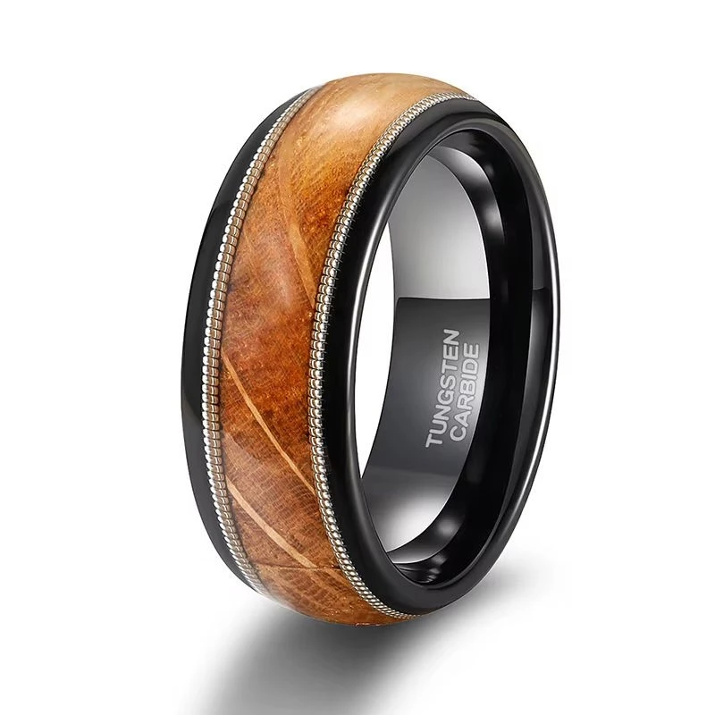 Noyau de corde de guitare double argent de 8mm et carbure de tungstène plaqué noir, alliances de mariage pour hommes, vente en gros