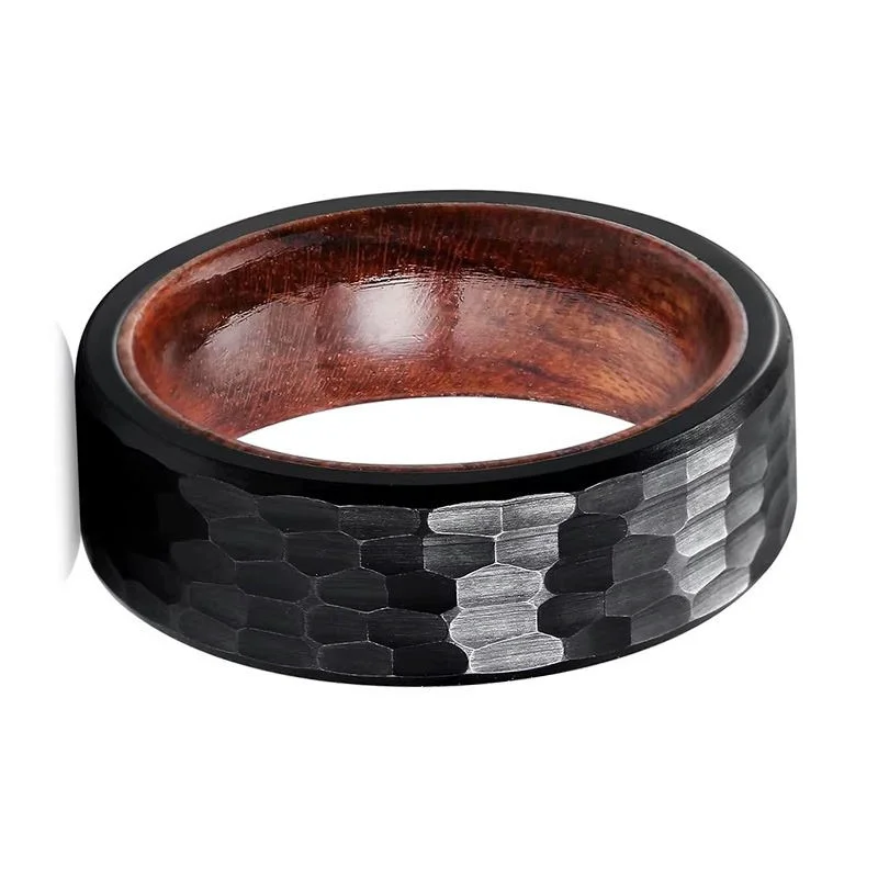 Industrial-Grade 8mm Black Hammered Tungsten Ring with Rose Wood Inlay – Comfort Fit Unisex Wholesale Jewelry for Wedding & Anniversary