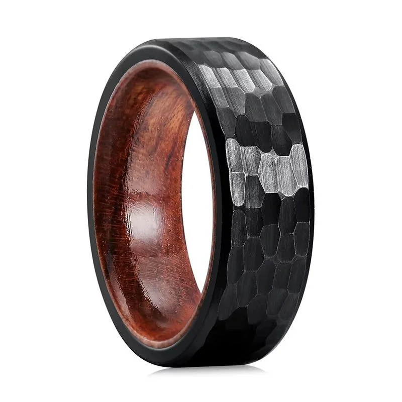 Industrial-Grade 8mm Black Hammered Tungsten Ring with Rose Wood Inlay – Comfort Fit Unisex Wholesale Jewelry for Wedding & Anniversary