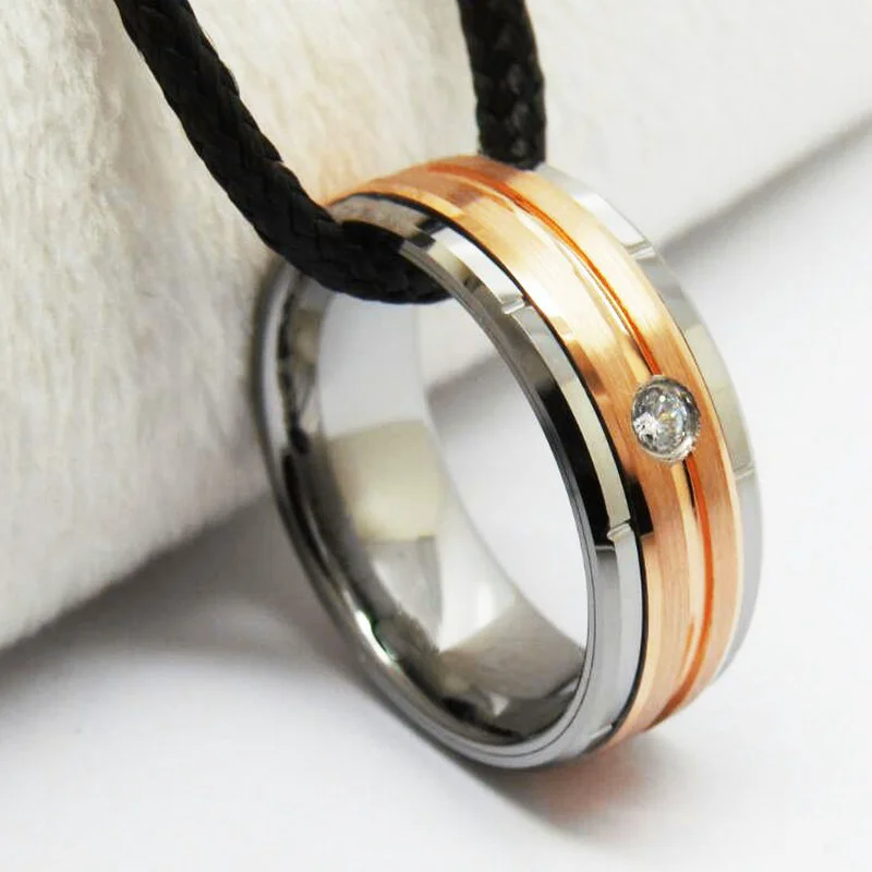 Premium 8mm Rose Gold Plated Tungsten Carbide Wedding Band with CZ Inlay