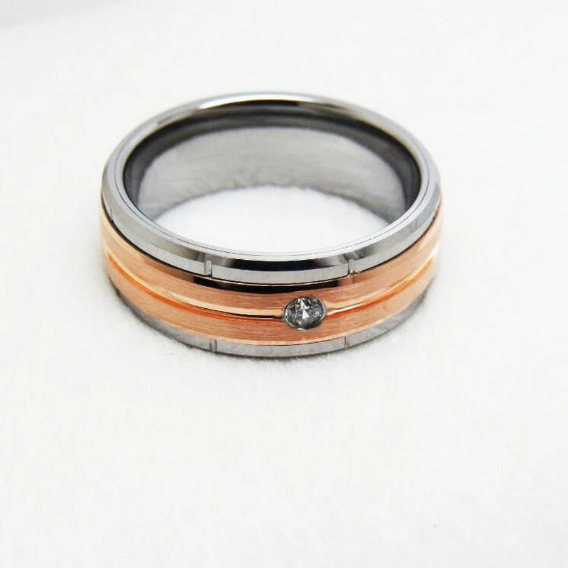 Premium 8mm Rose Gold Plated Tungsten Carbide Wedding Band with CZ Inlay