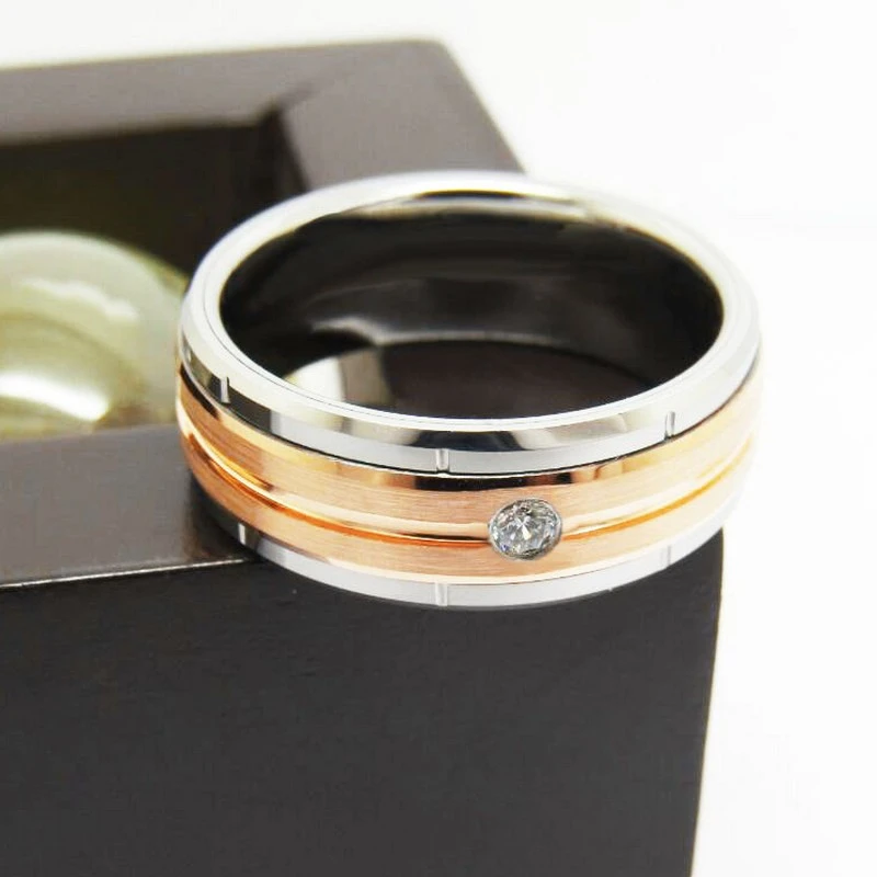 Premium 8mm Rose Gold Plated Tungsten Carbide Wedding Band with CZ Inlay