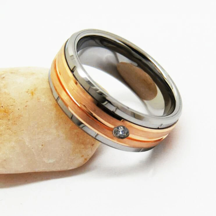 Premium 8mm Rose Gold Plated Tungsten Carbide Wedding Band with CZ Inlay