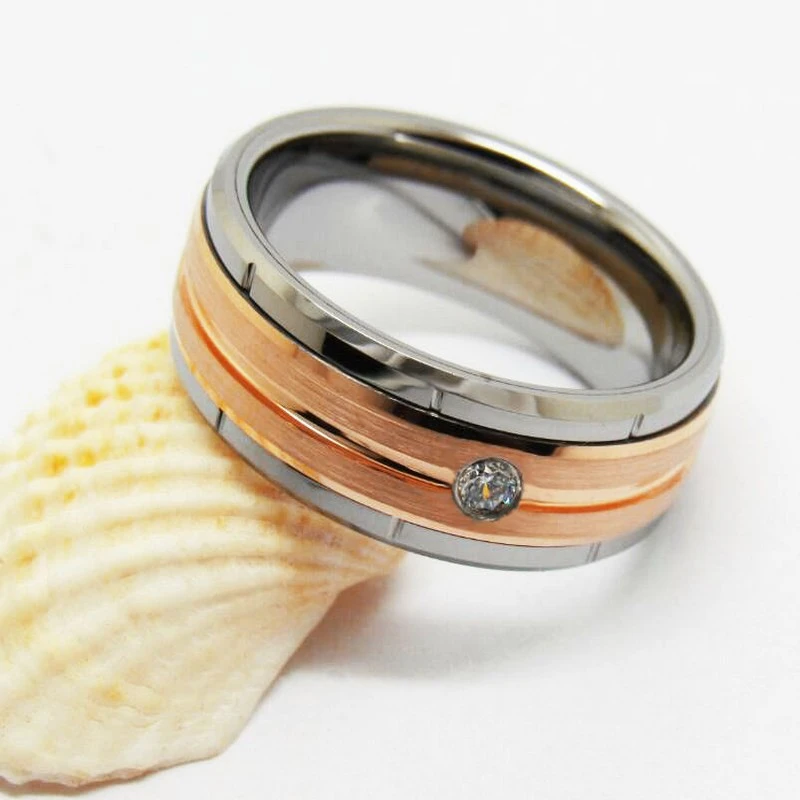 Premium 8mm Rose Gold Plated Tungsten Carbide Wedding Band with CZ Inlay